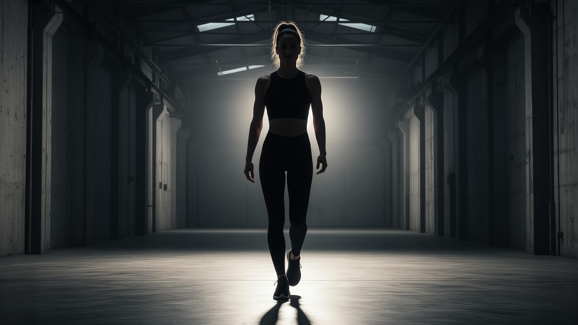 CRVE — full body in matte black, industrial corridor